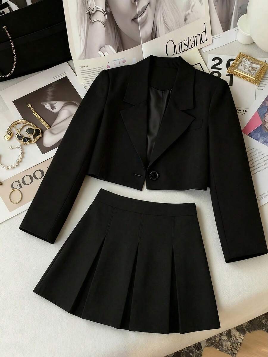 Franclia 2026新款女士黑色纽扣细节西装套装 - 百褶迷你裙两件套休闲办公简约风格修身百搭易配套装 - 黑色 - 查看 1