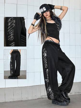 ROMWE Avant Straßen-Logo Slogan Strass Dekor Loose Sweathose mit niedriger Taille
