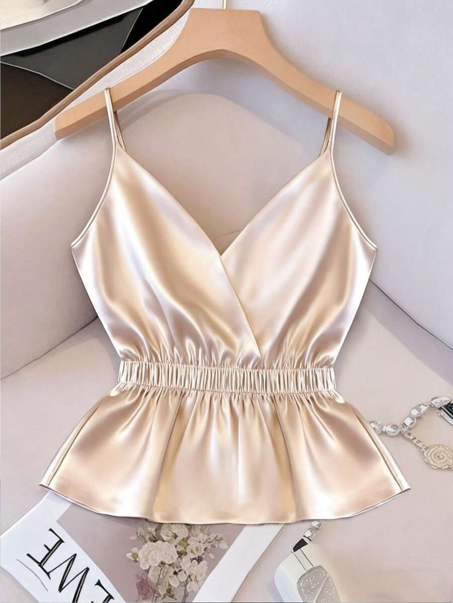 Qadelle Elegant French Knit Satin Sheen Camisole Design Criss-Cross V-Neck Cinched Waist Flared Hem Sleeveless Cardigan, Slim Fit Summer New Arrival Women - Champagne - View 1