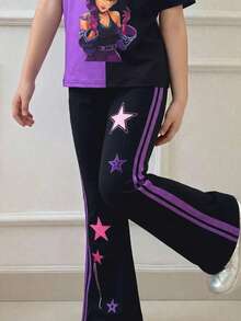 SHEIN 两件套少女休闲宽松爱心涂鸦印花短袖圆领T恤和喇叭裤，适合夏季穿着，居家、外出、街头摄影、校园等场合皆宜。