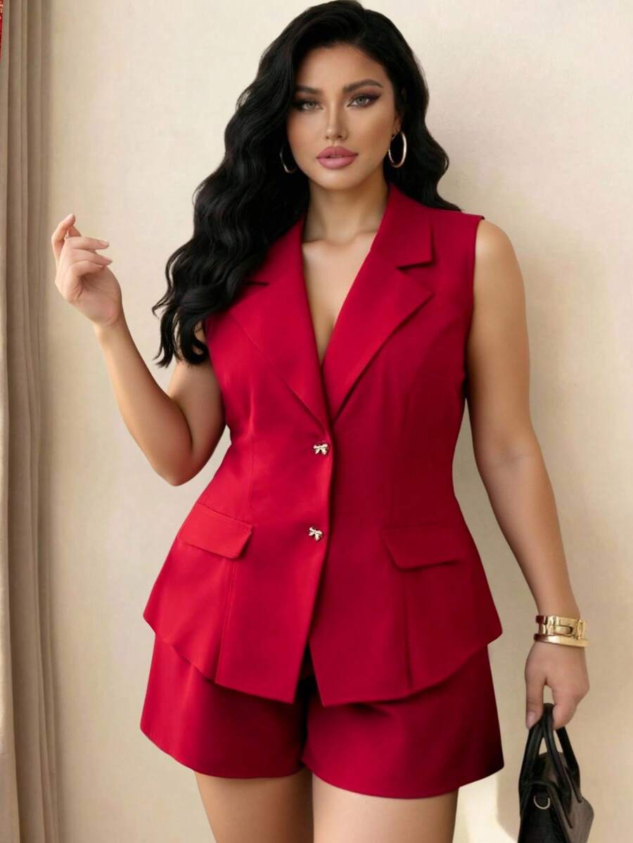 GlowEve CURVE Plus Size Women's Elegant Fabric Summer Vest Suit Shorts Two Pieces Set, Open Front, Bow Decor, Solid Button Design, Tailored Shorts, Suitable For Graduation, Holidays, Valentine's Day, Music Festivals, Mother's Day, Halloween, Thanksgiving, Easter, National Day, Galas, Dates, Parties, Weddings, Outdoor Activities Red Suits For Woman