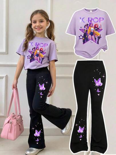 2pcs/Set Girls Casual Fashionable Creative Personalized Refreshing Cute Minimalist Virtual Girl Group Colorful Plaid Pentagram Star Butterfly Pattern Letter Slogan Print Casual Short T-Shirt And Flare Pants Outfit, Comfortable Daily Wear, Suitable For Spring, Summer And Autumn, Cozy Summer And Fall Styles, Purple T-Shirt And Black Flare Pants, Korean Girl Group KPOP Bell Bottoms Girl 2 Piece Set 2 Pc Girls Pants And Tops 11 Years Old Clothes For School Big T Shirt And Pants For Girl Flare Pants