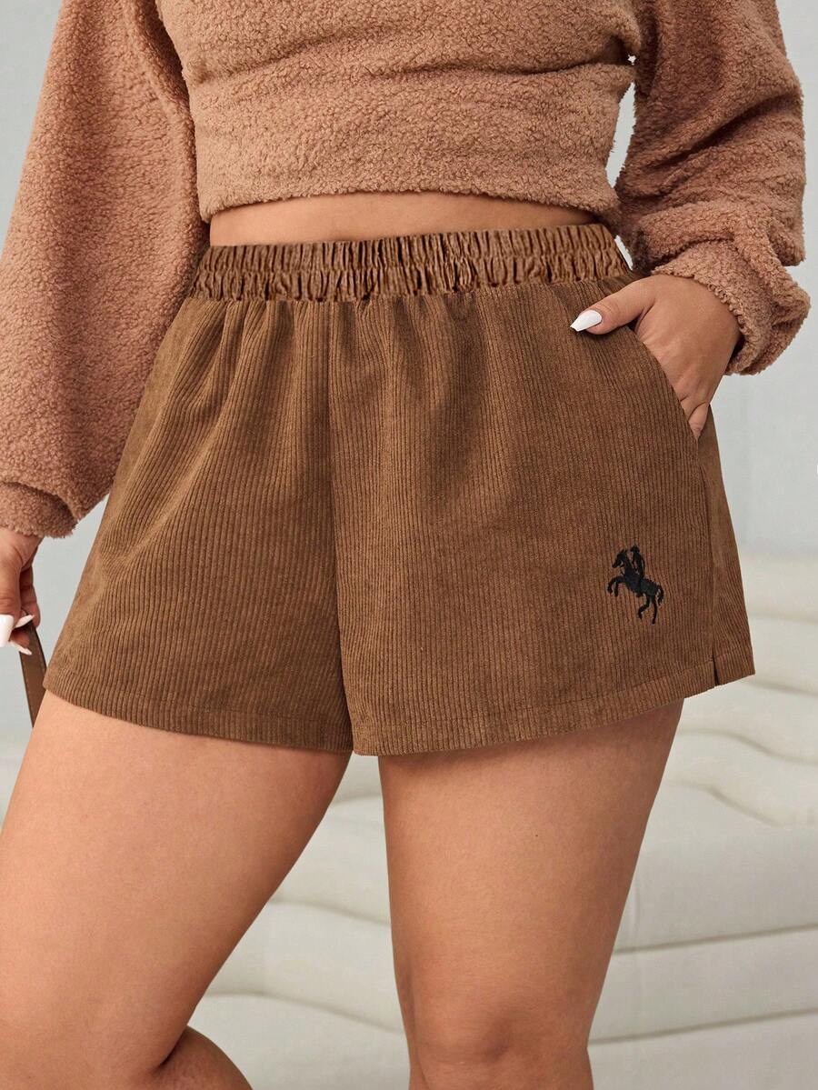 Solflare Plus Size Women Embroidered Elastic Waist Pockets Casual Shorts, Autumn/Winter - Brown - View 1