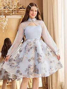 SHEIN 2件套少女优雅提花拼接欧根纱领罩衫及蝴蝶装饰吊带裙 - 淺藍色 - 查看 3