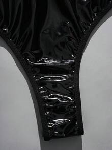 PU Leather Solid Color Deep V-Neck Sleeveless Patchwork Bodysuit - Black - View 7