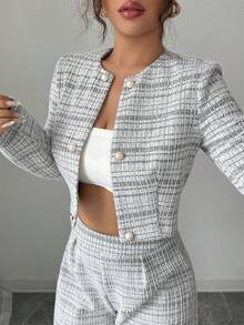 Elenzga 女士装饰纽扣前开襟长袖上衣和裤子优雅精致两件套，秋冬款 - 彩色 - 查看 3