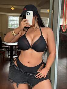 Swim SXY 2026 Women's Summer Beach Bikini Top, Fashion Swimwear With Mesh Splice Halter Tie Neck Triangle Sexy Casual Versatile For Party & Holiday - Black - View 6