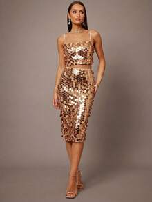 Silquee Set de 2 vestidos ajustado con tirantes finos de color rojo sexy - Champán - Ver 7