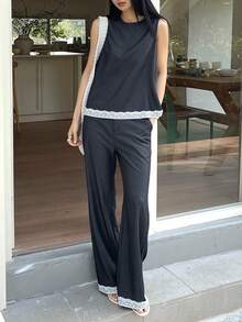 DAZY 女士撞色蕾丝圆领吊带背心和喇叭裤两件套 - 藍色 - 查看 3