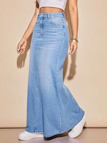 Rivivi A-Line Denim Skirt With Side Pockets, Casual & Versatile - Light Wash - View 3
