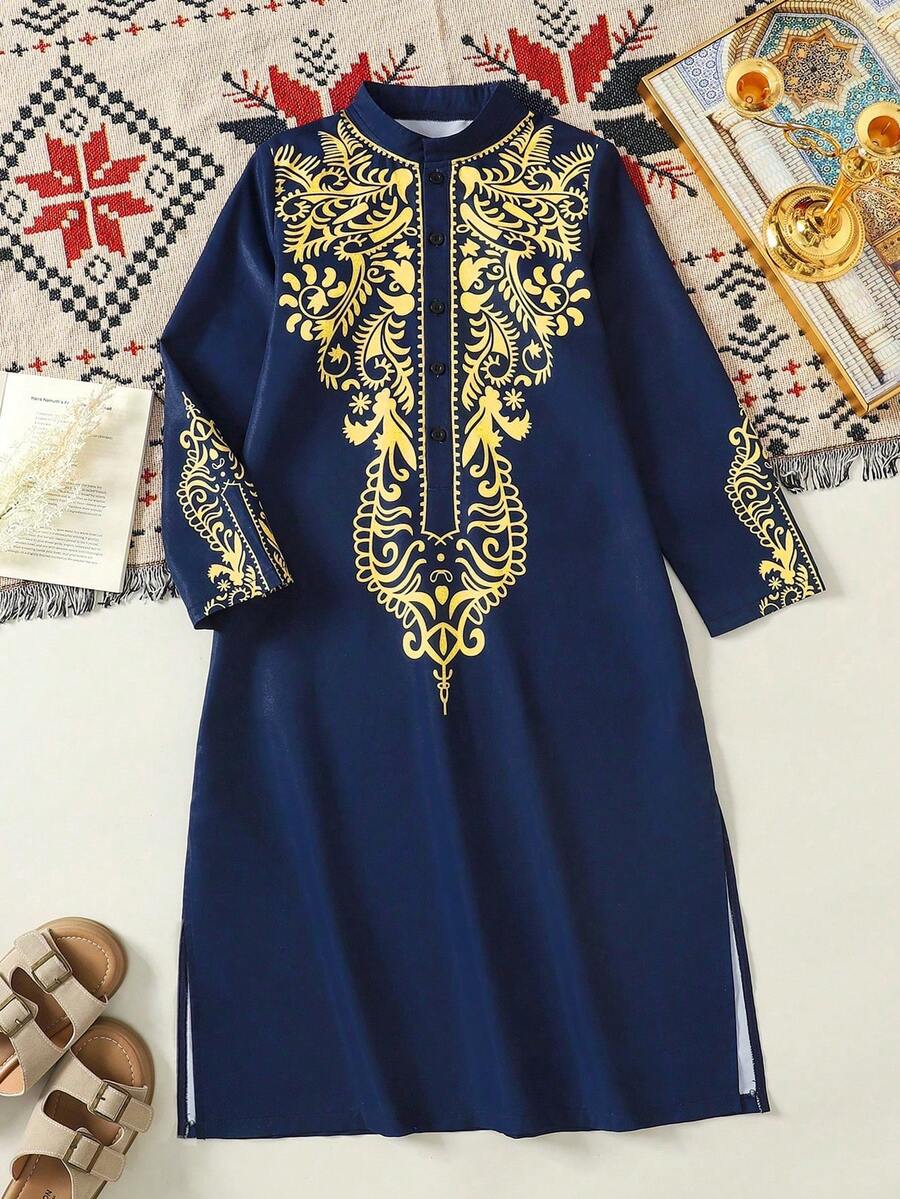 Tween Boys' Embroidered Metallic Print Long Robe, Suitable For Parties, Holidays, And Vacations - Navy Blue - View 1