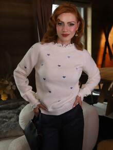 Gretanique Pulover de damă cu broderie cu inimă, model patchwork și mâneci raglan, topuri cu mânecă lungă, pulover tricotat toamnă/iarnă - Albastru - Vizualizare 5