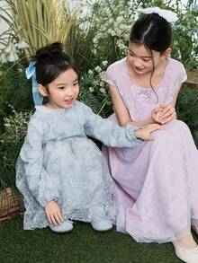 DAZY Tween Girl Floral Jacquard Cap Sleeve Elegant Dress Vacation - Purple - View 3