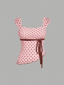 SHEIN MOD Áo nữ cỡ lớn chấm bi tay ngắn vạt lệch - Hồng - Xem 1