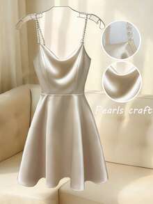 Franclia Đầm Cami cổ chữ V khoét sâu màu trơn thanh lịch dành cho nữ, đính ngọc trai. - Màu be - Xem 5