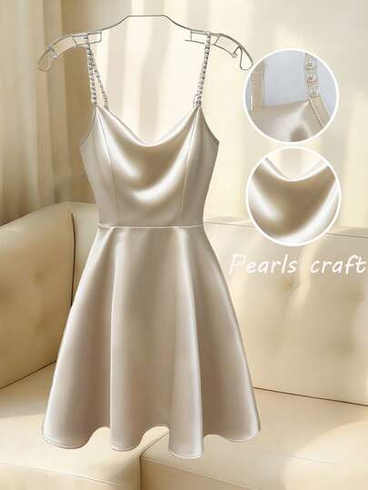 SHEIN PETITE 女士优雅纯色深V领珍珠装饰吊带裙