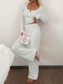 SHEIN Lace Trim Square Collar 2-Button Striped Print Long Sleeve Curve Pajamas Set , Fall & Winter Clothes