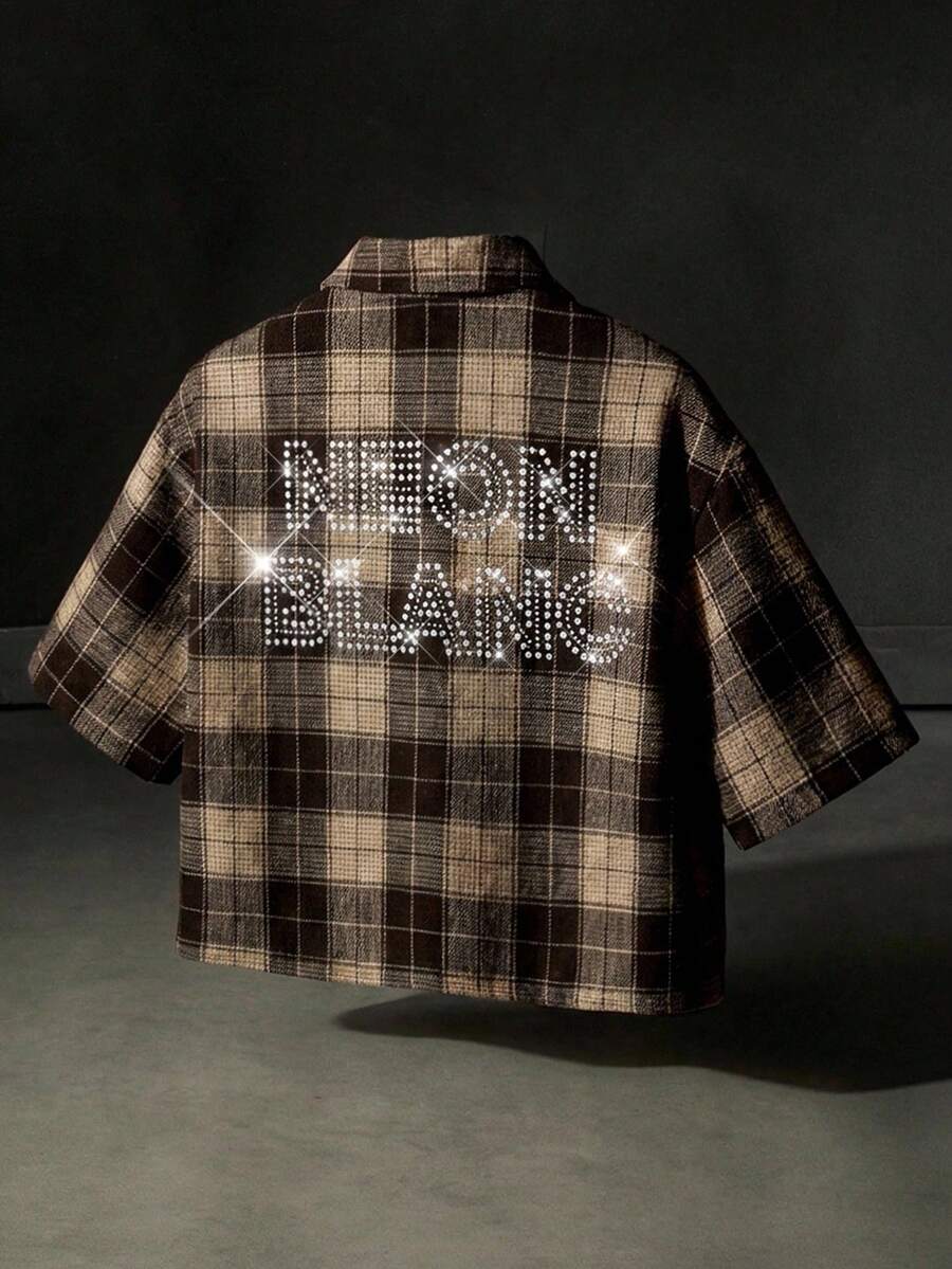 NEON BLANC 男士休闲时尚街头学院风图案水钻字母印花宽松衬衫,夏季 - 棕色 - 查看 1