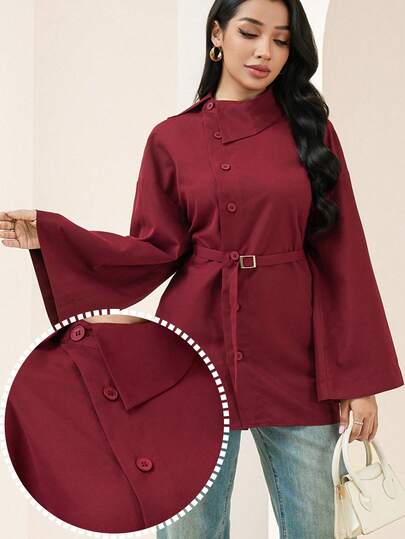 Veilorie Women's 2026 Spring/Autumn Casual/Office Commute Minimalist Design Solid Color Collar Flare Sleeve Self-Tie Belt Shirt