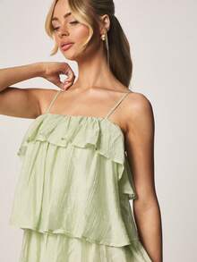 MISSGUIDED Off Shoulder Tiered Ruffle Mini Dress With Spaghetti Straps Layered Flounce Design Summer Vacation Boho Chic Style - Green - View 5