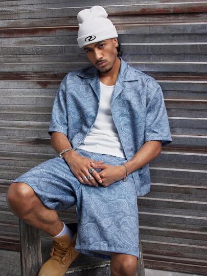 AXEPEAK Men's Cashew Print Short Sleeve Shirt And Shorts Casual Suit