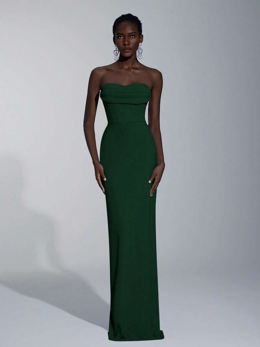Chic Dark Green Knitted Fabric Bridesmaid Dress Strapless Sleeveless Maxi Mermaid Style Elegant Plain - Dark Green - View 1
