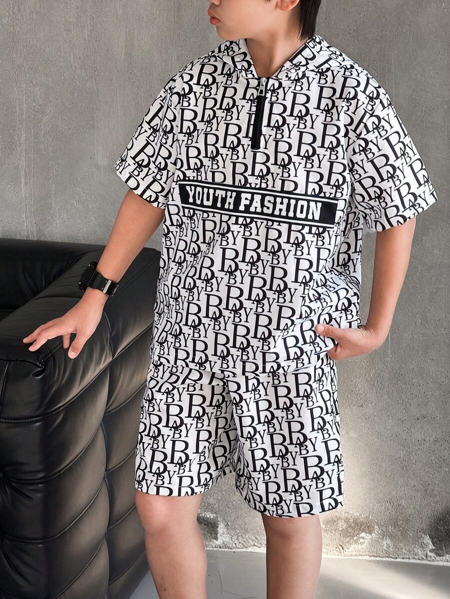 Mirajuku 2件組青少年男孩全印花連帽 Polo T恤與配套短褲,黑白配色,夏季街頭風城市度假舒適柔軟運動套裝 - 白色 - 查看 1