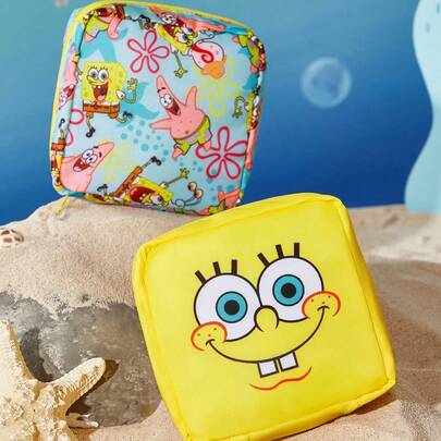 SpongeBob SquarePants | SHEIN 1件/1套卡通图案印花涤纶纤维收纳袋，可用作女性卫生收纳袋、数码收纳袋、小物件收纳袋