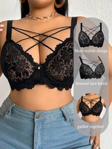 DesireSculpt 1 pieza Sujetador con aros de encaje negro de talla grande - Negro - Ver 7