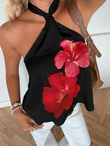 SHEIN EZwear Áo hai dây nữ kiểu dáng giản dị, tối giản, nền đen, họa tiết hoa đỏ, thích hợp cho mùa xuân/hè, phong cách nghỉ dưỡng. - Nhiều màu - Xem 4