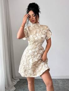 Elenzga Women's Vintage Jacquard Textured Fabric Puff Sleeve Elegant High Neck Backless Bow Contrast Color Cut Waist Unique Design Mini Dress, Summer - Apricot - View 4