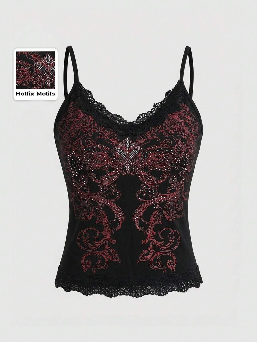 ROMWE Fairycore Women's Solid Color Lace Patchwork Crystal Decor Camisole Top - Black - View 1