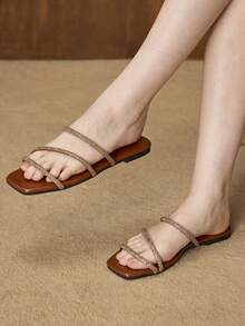 MOTF PREMIUM WOMEN RHINESTONE STRAP SQUARE TOE FLAT SANDALS SPRING SHOES - Brown - View 7