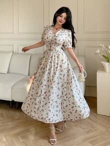 Celisse 女士优雅碎花V领泡泡袖收腰度假连衣裙，夏季 - 彩色 - 查看 3