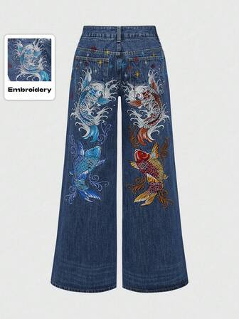 J-Fashion Jeans anchos y holgados con bordado floral de carpa, estilo retro hip hop subcultura, unisex