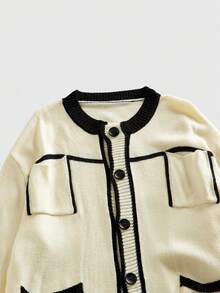 ROMWE MEN Street Life Men's Contrast Color Long Sleeve Single-Breasted Multi-Pocket Knitted Cardigan, Autumn/Winter - White - View 3