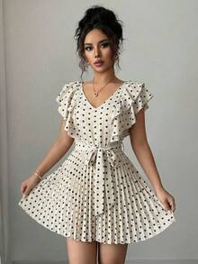 Elenzga 荷叶边V领腰部褶裥A字波点印花度假优雅浪漫女装 - 彩色 - 查看 1