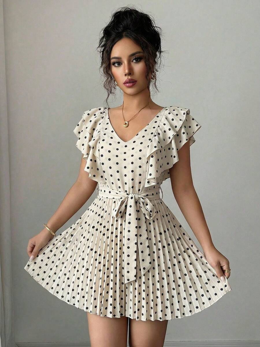 Elenzga 荷叶边V领腰部褶裥A字波点印花度假优雅浪漫女装 - 彩色 - 查看 1