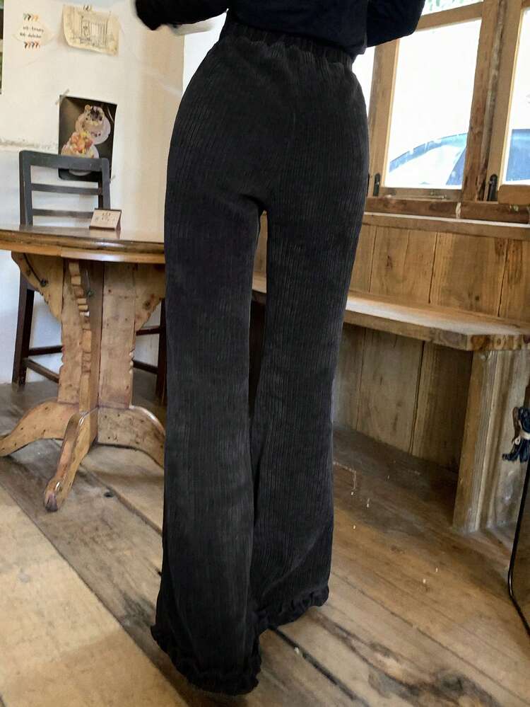 Women's Solid Color Corduroy Elastic Waist Flare Leg Pants With Ruffle Hem, Casual & Elegant, Spring/Autumn
