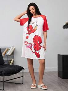 SHEIN HOT STUFF Women's Cartoon Heart Print Contrast Color Raglan Sleeve Loose Sleep Dress, Summer - Red and White - View 8