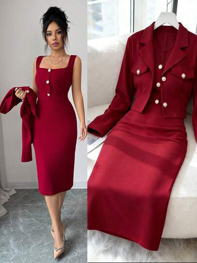 Elenzga Women's Pearl Button Decor Dress And Lapel Single-Breasted Long Sleeve Jacket Casual Suit Set For Party, Business, Outing