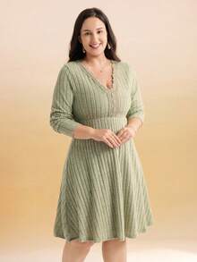 Momelise Đầm dài tay cổ chữ V, thắt eo, viền ren hoa, cỡ lớn, thích hợp mặc thường ngày và đi làm. - màu xanh lá - Xem 6