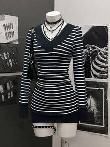 StreetHx Đầm ngắn tay dài cổ chữ V in họa tiết sọc tương phản, phong cách goth punk, thường ngày dành cho nữ, thích hợp mặc đi làm, mùa xuân/thu. - Nhiều màu - Xem 3