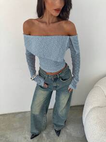 Aloruh Women's Off-Shoulder Long Sleeve Pleated Fashionable Blouse - Blue - View 4