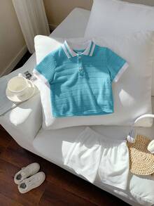 Set 2pcs Baju Bayi Laki-laki/Perempuan Atasan Pullover Lengan Pendek Kerah Polo Warna Kontras dan Celana Pendek Warna Polos dengan Pinggang Elastis - Biru - View 6