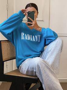 DAZY Women Casual Loose Graphic Print Long Sleeve V-Neck Top And Pants 2 Pieces Set