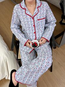 DAZY Cute Plaid & Floral All-Over Print Contrast Embroidery Trim Loose Women Pajama Set - Blue - View 1