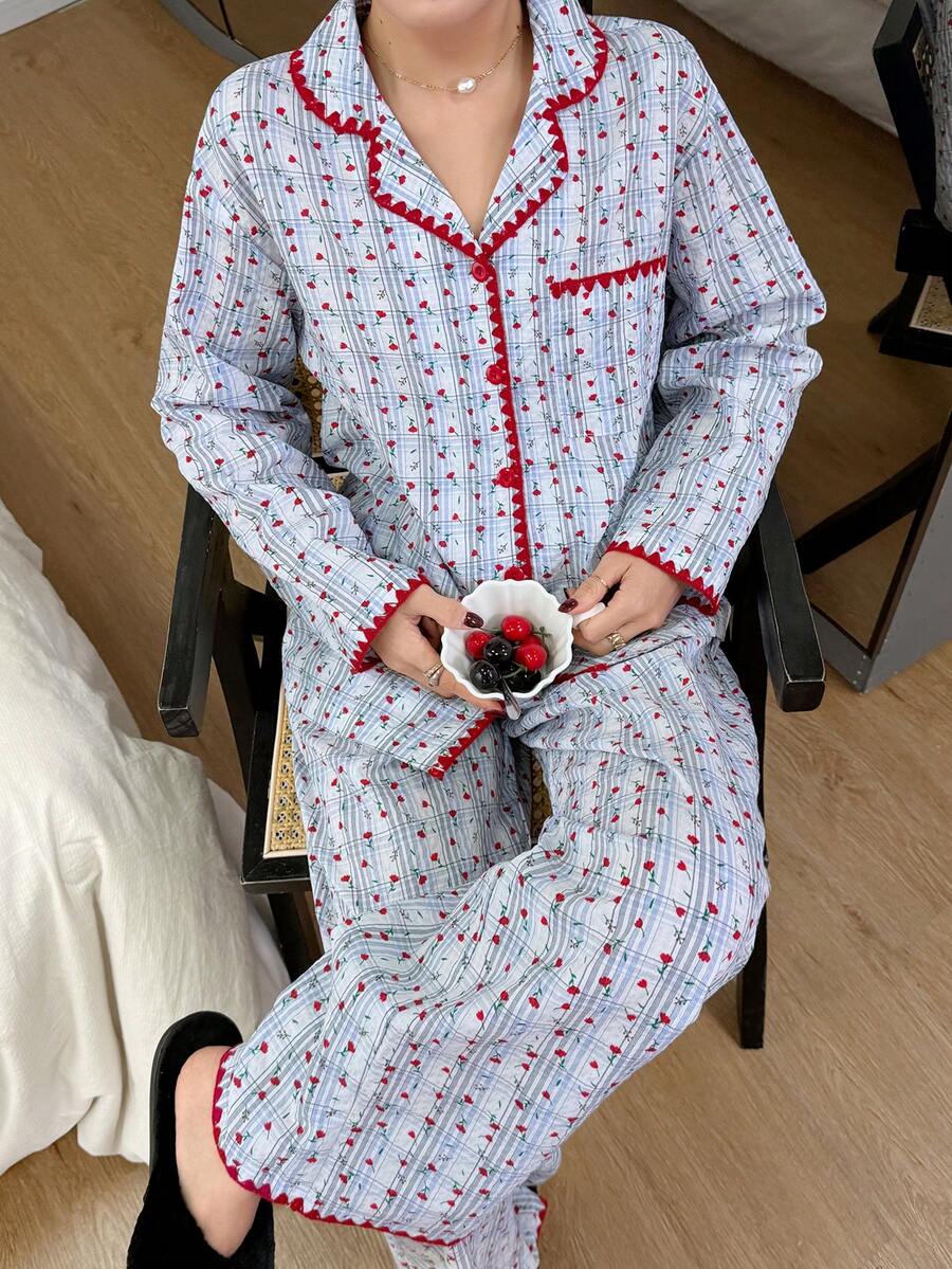 DAZY Cute Plaid & Floral All-Over Print Contrast Embroidery Trim Loose Women Pajama Set - Blue - View 1