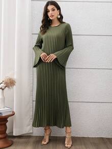 Graceveil Olive Green Long Sleeve Pleated Elegant Arabic Style Dress - Army Green - View 4