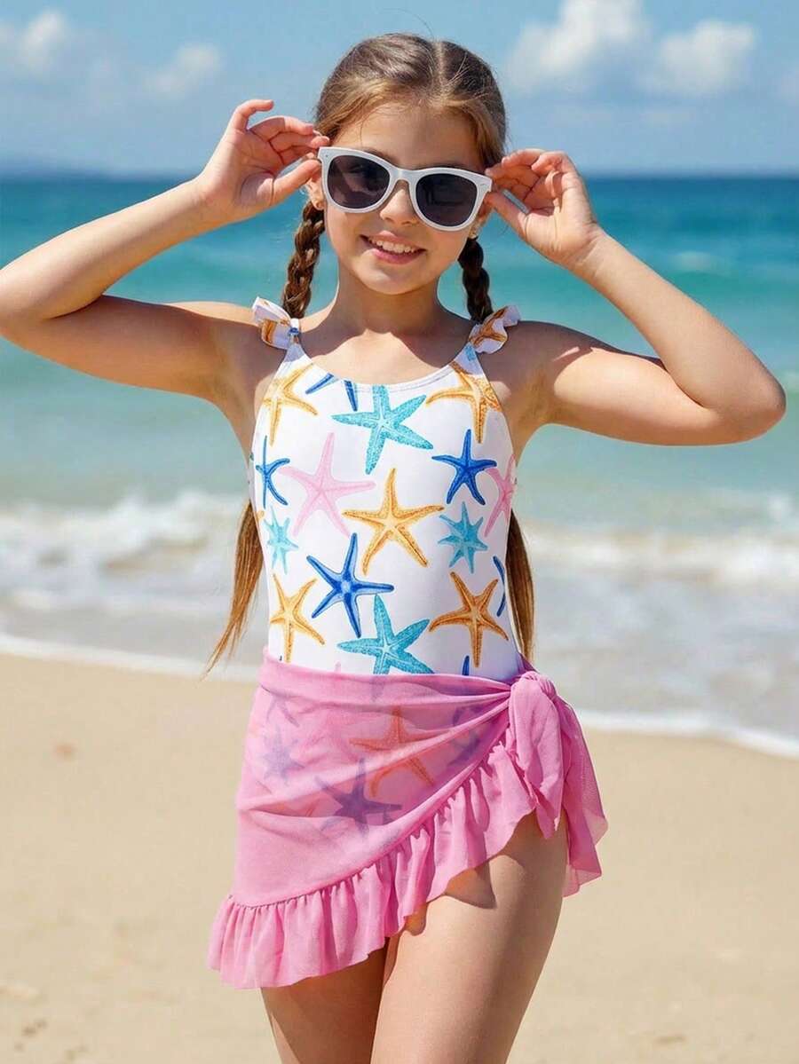 SHEIN 少女两件套海星印花连体泳衣带罩裙,夏季海滩度假 - 彩色 - 查看 1